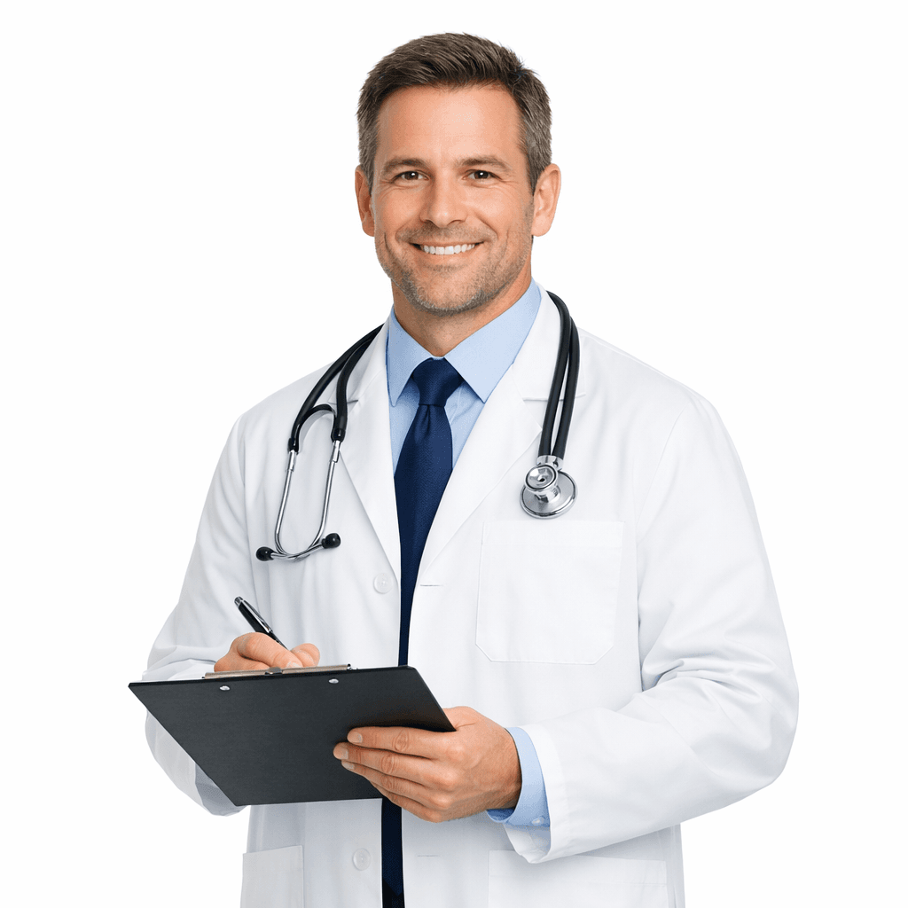 Especialista óptico sonriendo con portapapeles